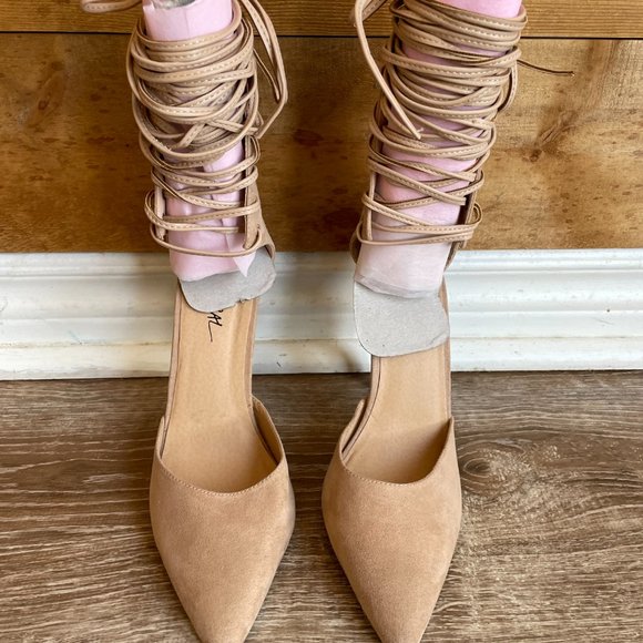 Nasty Gal Raft Heel Womens 7.5 Beige Sexy Ankle Tie Lace Up High Pointed Toe - Picture 6 of 8